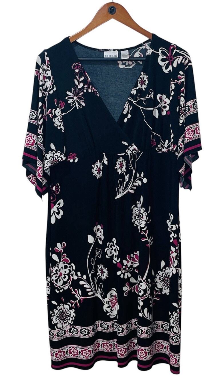 Chico’s Floral Imperial Border Print Midi Dress Kimono Sleeve Boho Resort 2 Lg